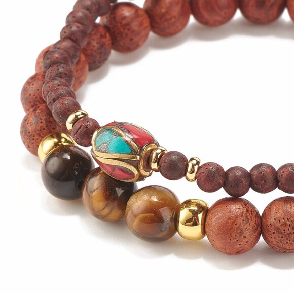 NWOT Tiger eye & Mixed gemstone Stretch Bracelet Stack Set - Handmade Focal Bead - Picture 4 of 7